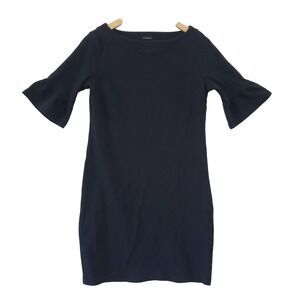 Talbots Navy Blue Cotton Ruffle Sleeve Shift Dress Small Boat Neck Office Preppy